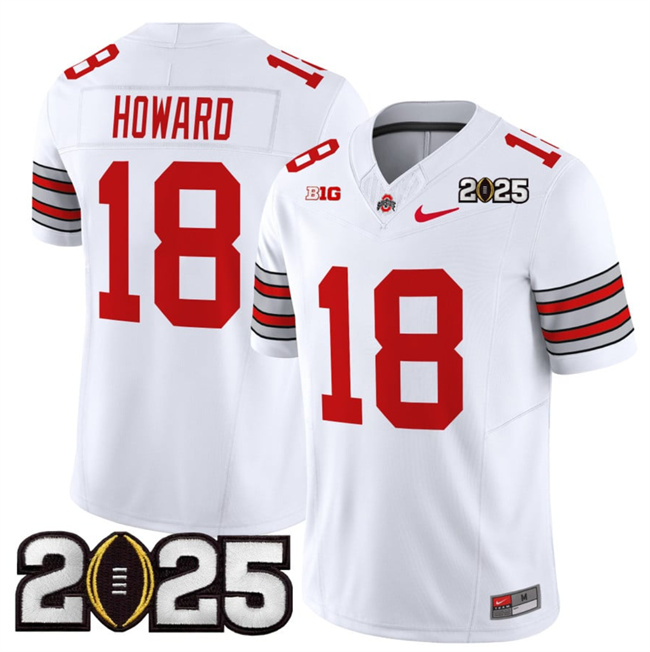 Men Ohio State Buckeyes #18 Will Howard White 2025 CFP Final Patch F.U.S.E. Vapor Limited Stitched NCAA Jersey